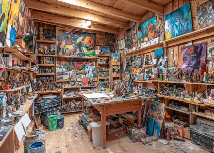 Cozy artist's studio filled with wooden shelves of art supplies, paintbrushes, palettes, colorful paper, and an array of paintings and sculptures, featuring rustic wood paneling and graffiti-style artwork, with a central desk covered in paints and tools, captured in ultra-realistic high-resolution 35mm film.