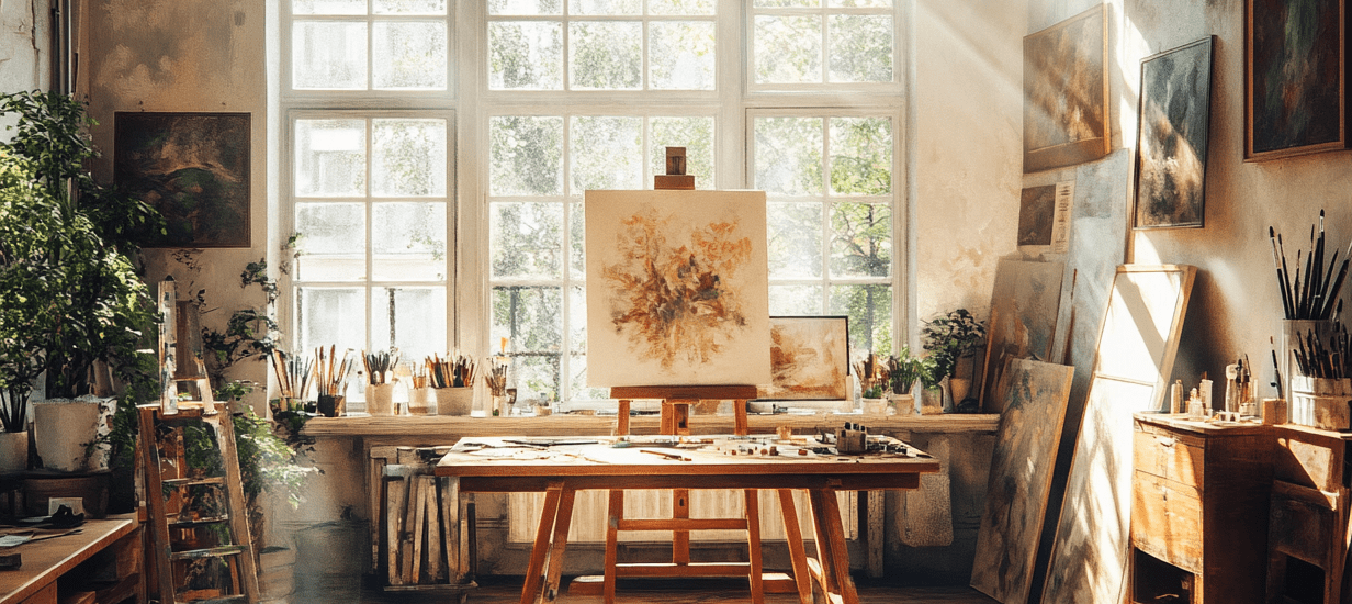 "Bohemian art studio with large windows, easels, and painting supplies, featuring an empty canvas on a wooden table, warm sunlight casting soft shadows, creating a cozy artistic atmosphere."