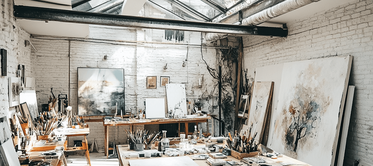 Cozy artist's studio with high ceilings and industrial glass roof, filled with natural light, featuring a white brick textured wall, wooden table with art supplies like paintbrushes and canvases, creating an inviting artistic atmosphere.