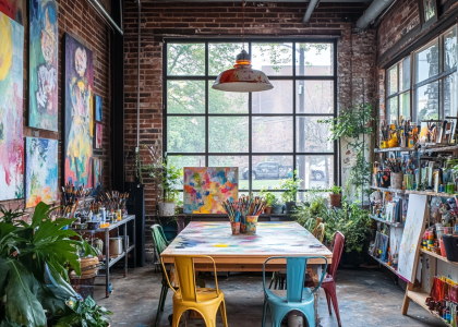 Cozy eclectic art studio with large windows, brick walls adorned with colorful artwork, wooden table surrounded by various colored chairs, industrial pendant light, shelves filled with art supplies, and potted plants adding life and character.