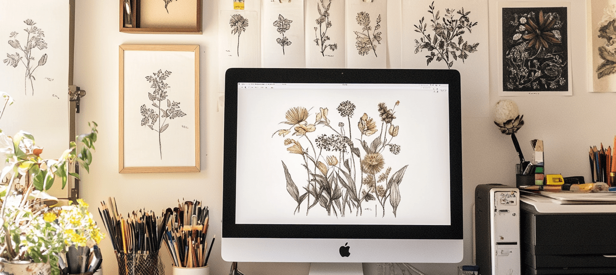 "Desk featuring an iMac surrounded by drawing materials, sketchbooks, and wildflower sketches displayed on the wall, showcasing realistic black ink botanical illustrations illuminated by natural light."