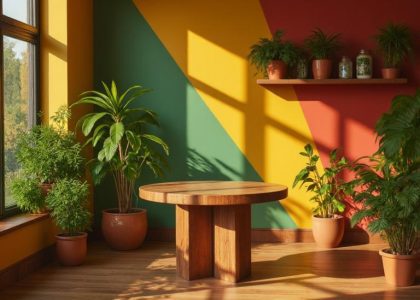 A scenic view of a serene lake surrounded by lush green mountains under a clear blue sky, with a small wooden boat gently floating on the water.