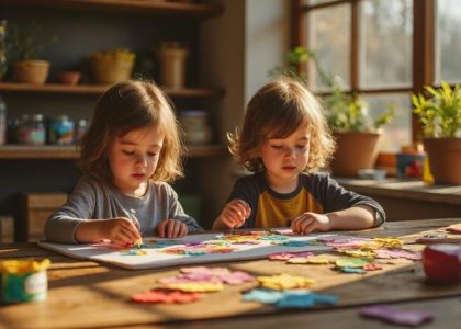 A serene landscape featuring a tranquil lake surrounded by lush green trees and mountains under a clear blue sky during sunset, reflecting colorful hues on the water's surface.