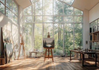 Large sunlit artist's studio with high ceilings and skylights, featuring an easel with nature scene paintings, surrounded by art supplies on wooden tables, overlooking a forest through expansive windows, filled with natural light creating a serene atmosphere, in the style of vintage photography.