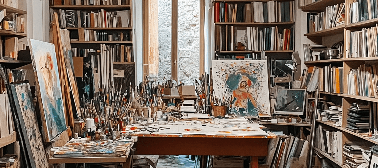 A messy art studio interior featuring scattered painting supplies, bookshelves filled with books, a large desk with half-finished drawings, an empty mirror reflecting creative chaos, soft overhead light, and a small window revealing another part of the artist's apartment filled with books and paintings, creating a calm yet slightly chaotic atmosphere.