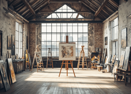 Interior of an old industrial-style art studio with large windows, high ceilings, wooden beams, vintage easels, paintings on brick walls, and soft sunlight creating a warm atmosphere, featuring an empty canvas in the center surrounded by oil paints and brushes on aged wooden flooring.