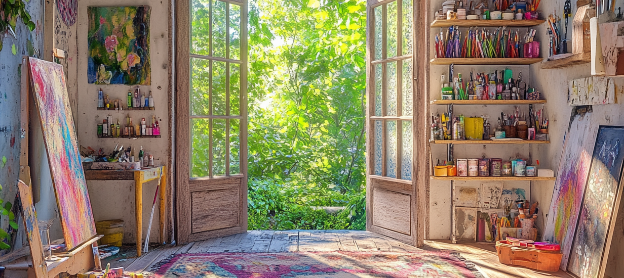 "Rustic artist's studio with open doors, vibrant art supplies, a window revealing lush greenery, sunlight streaming in, colorful Persian rug on wooden floor, shelf filled with painting tools, capturing a cozy and creative atmosphere in ultra-realistic detail."