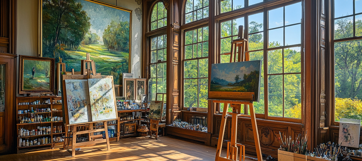 A large, sunlit art studio with high ceilings and large windows overlooking a garden, featuring a wooden easel with Monet-style paintings in progress, walls adorned with art supplies, and a beautiful landscape painting, creating a vibrant atmosphere of creativity and inspiration.